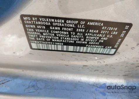 2015 Volkswagen Passat 1.8T Limited Edition from USA, damaged, VIN 1VWAT7A37FC116622